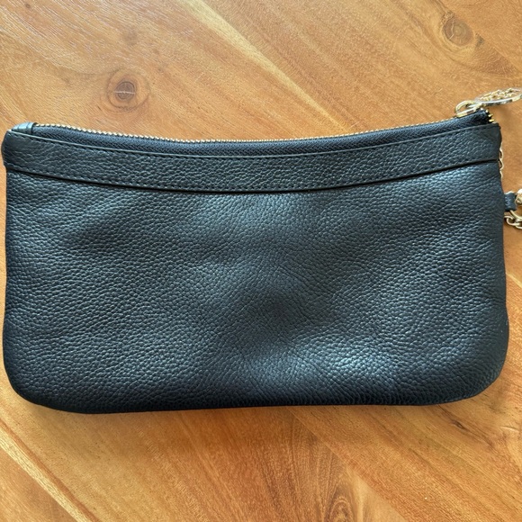 Tory Burch Black Leather Wristlet w/ Gold Logo | Classic Zip Pouch - Picture 2 of 8